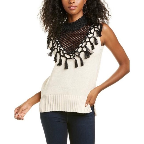 Yigal Azrouel Jet Ivory Macrame Fringe Knit Vest Sleeveless Sweater NWT Size M - Picture 3 of 12